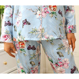 Luxury Print Silk Pajamas Floral Butterfly Silk Pajamas Set Pink XS