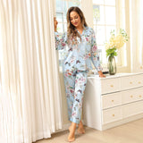 Luxury Print Silk Pajamas Floral Butterfly Silk Pajamas Set Blue XS