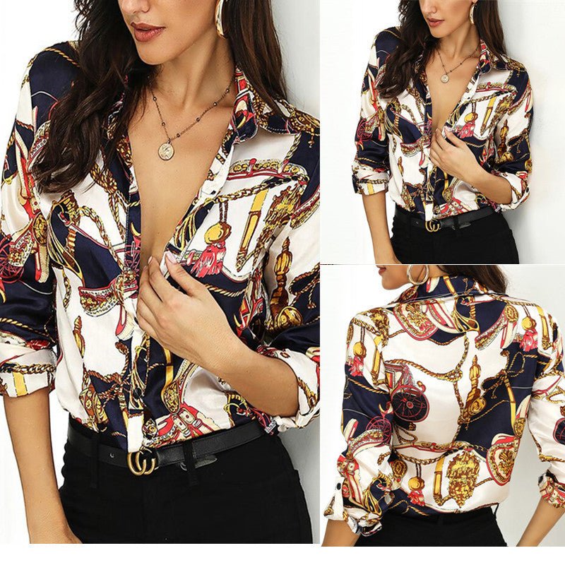 Printed Silk Blouse Womens Work Pure Silk Shirts White XS
