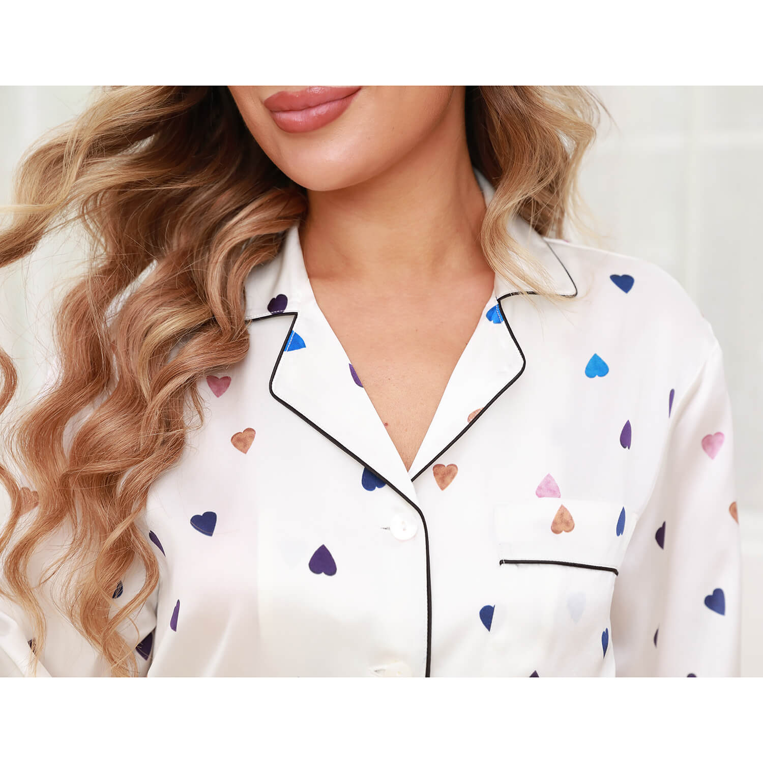 Womens Short Sleeve Silk Pajama Set Heart Print Contrast Piping White XS