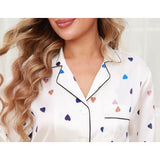 Womens Short Sleeve Silk Pajama Set Heart Print Contrast Piping White XS