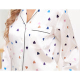 Womens Short Sleeve Silk Pajama Set Heart Print Contrast Piping White XS