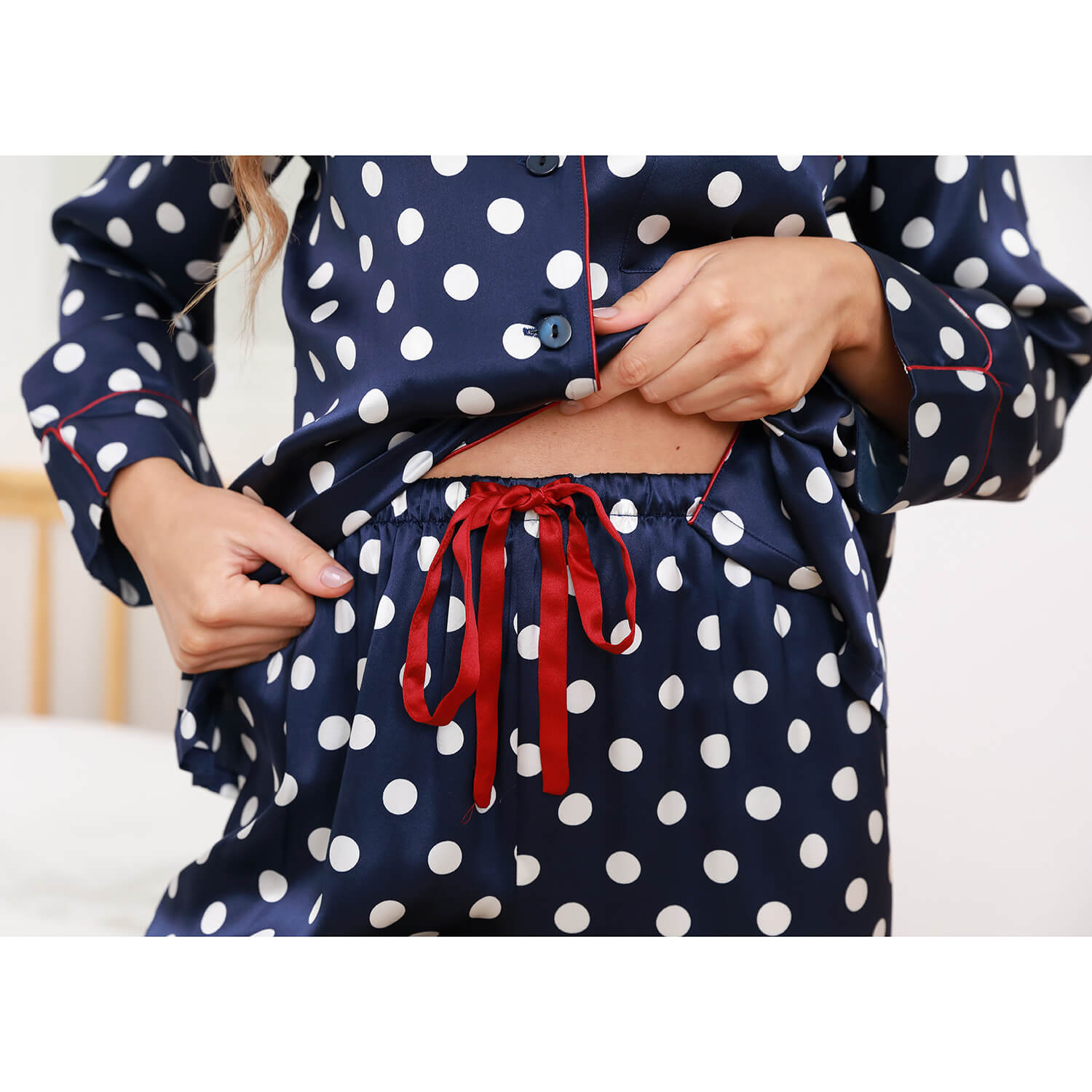 Printed Silk Pajama Set Silk Classic Dot Silk Pajamas For Women Navy Blue XS