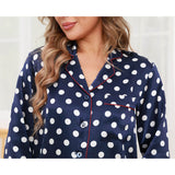 Printed Silk Pajama Set Silk Classic Dot Silk Pajamas For Women Navy Blue XS