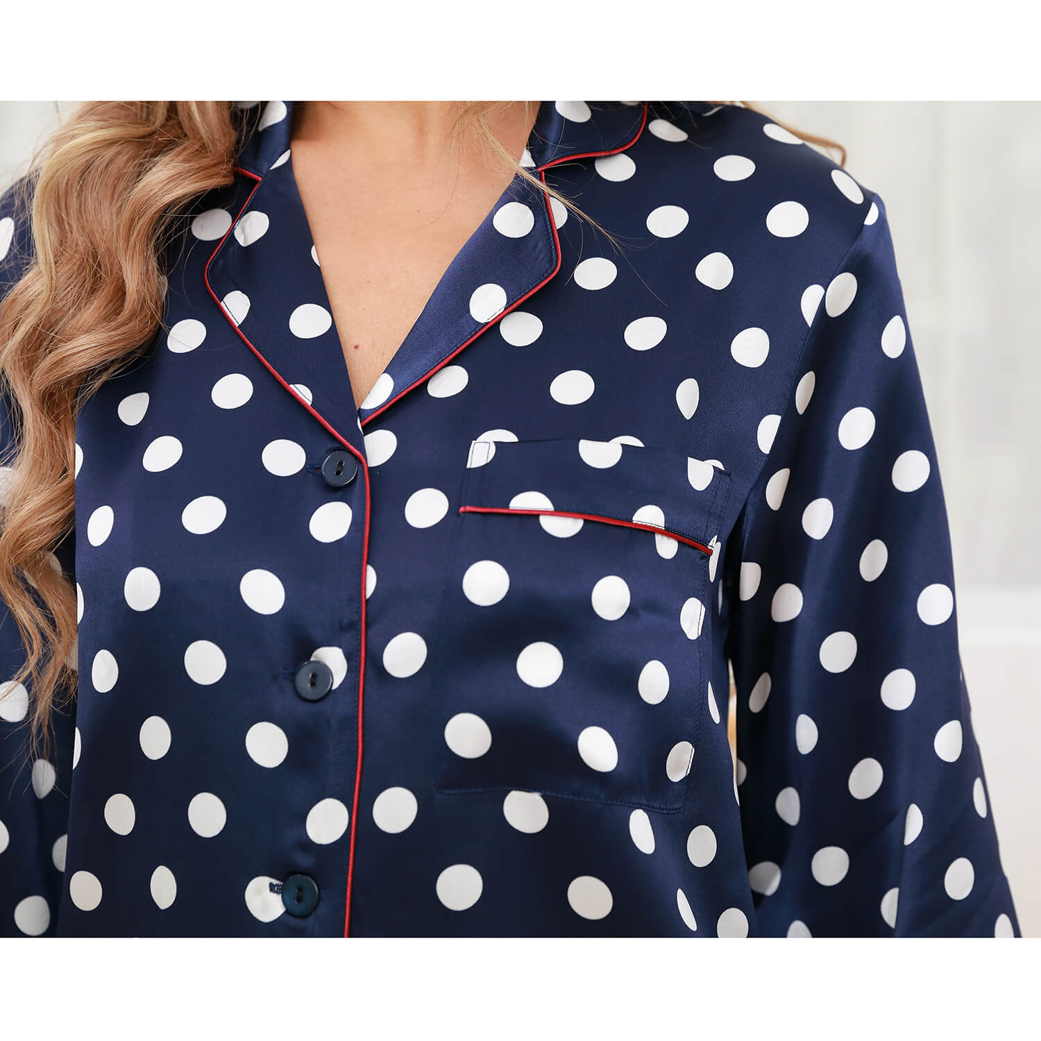 Printed Silk Pajama Set Silk Classic Dot Silk Pajamas For Women Navy Blue XS