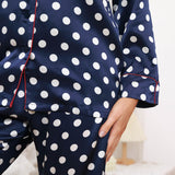 Printed Silk Pajama Set Silk Classic Dot Silk Pajamas For Women Navy Blue XS