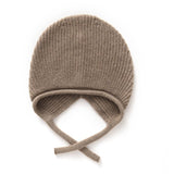 Womens Soft Pure Cashmere Ribbed Hooded Beanie Hat With Ties Taupe M