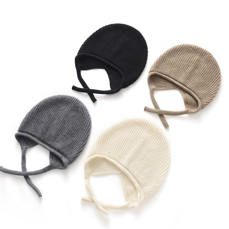 Womens Soft Pure Cashmere Ribbed Hooded Beanie Hat With Ties Black M