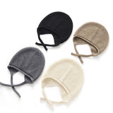 Womens Soft Pure Cashmere Ribbed Hooded Beanie Hat With Ties Black M