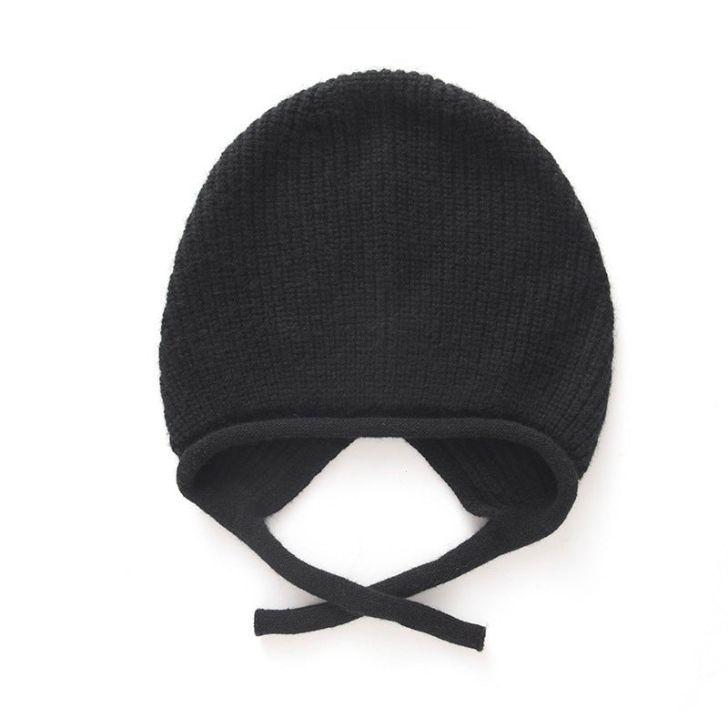 Womens Soft Pure Cashmere Ribbed Hooded Beanie Hat With Ties Black M