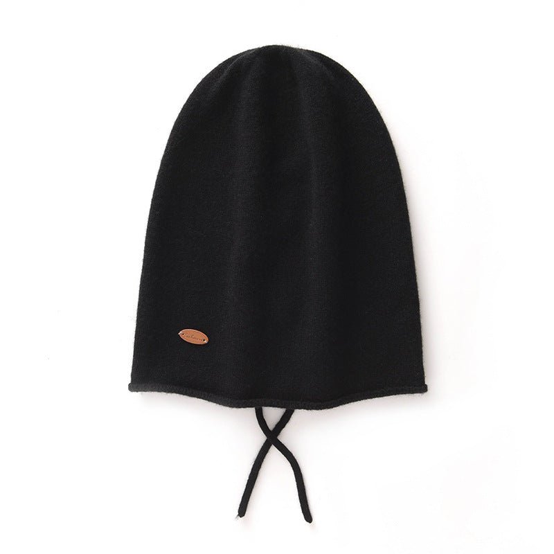 Soft Cashmere Hooded Beanie With Tie Cashmere Double - layered Ski Cap Black M