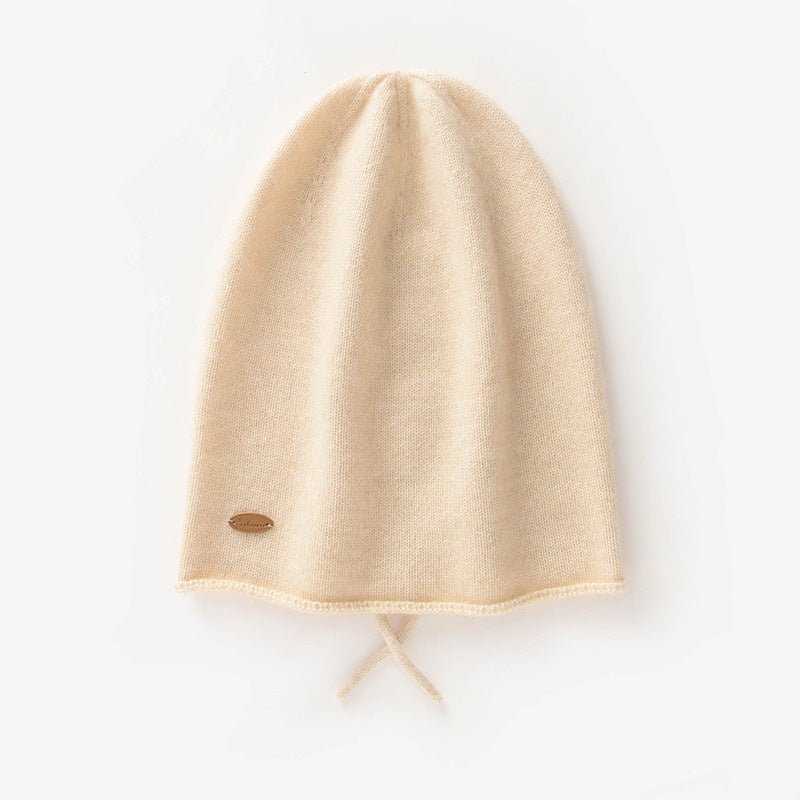 Soft Cashmere Hooded Beanie With Tie Cashmere Double - layered Ski Cap Beige M