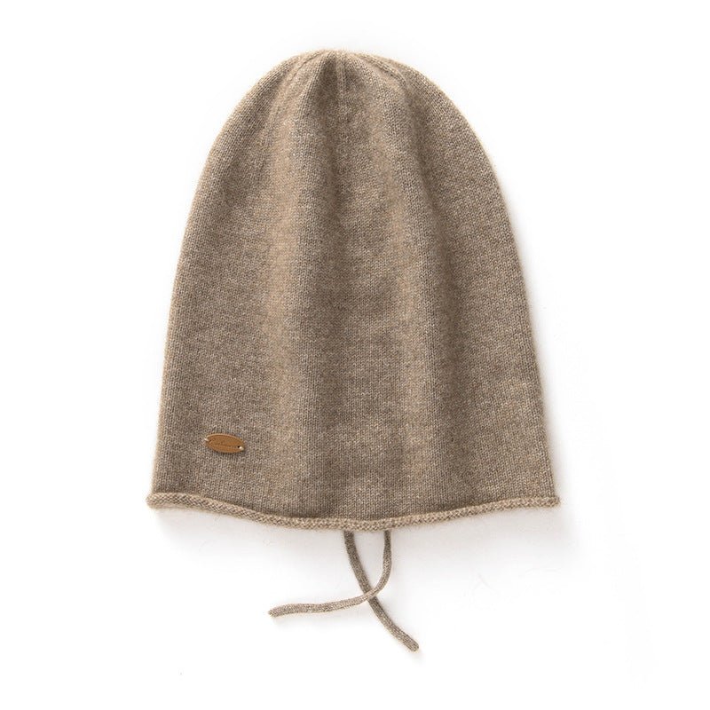 Soft Cashmere Hooded Beanie With Tie Cashmere Double - layered Ski Cap Taupe M