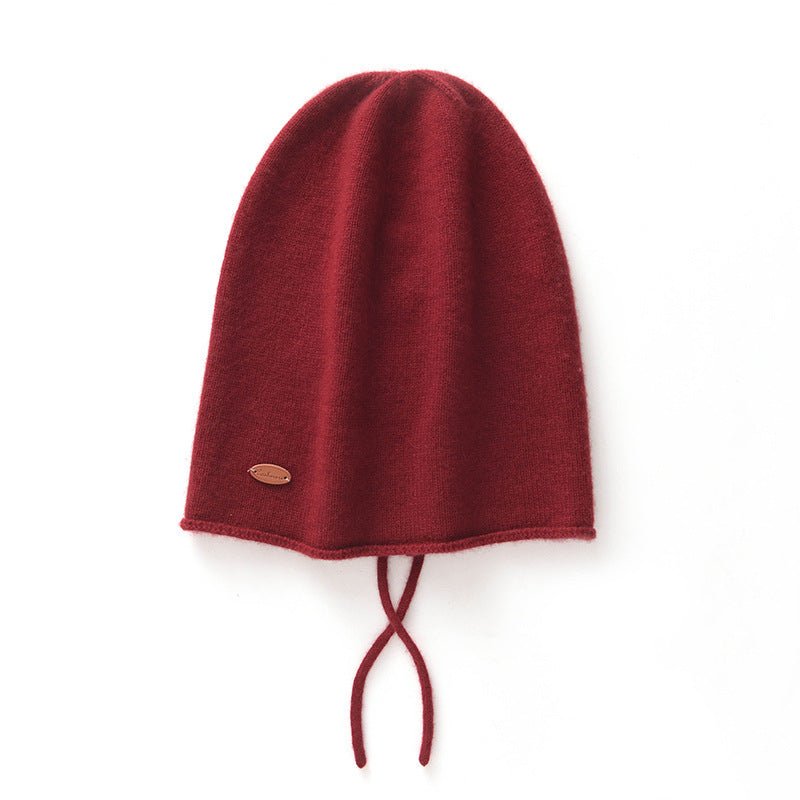 Soft Cashmere Hooded Beanie With Tie Cashmere Double - layered Ski Cap Claret M