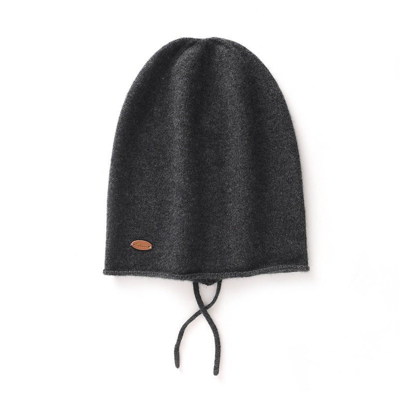 Soft Cashmere Hooded Beanie With Tie Cashmere Double - layered Ski Cap Dark Gray M