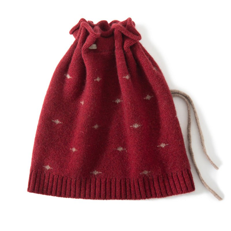Pure Cashmere Beanie Hat With Drawstring Subtle Star Knitted Hat Claret M