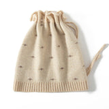 Pure Cashmere Beanie Hat With Drawstring Subtle Star Knitted Hat Beige M