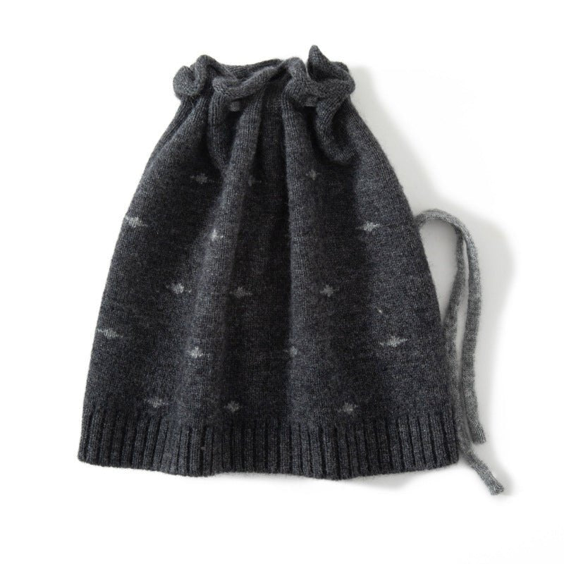 Pure Cashmere Beanie Hat With Drawstring Subtle Star Knitted Hat Gray M