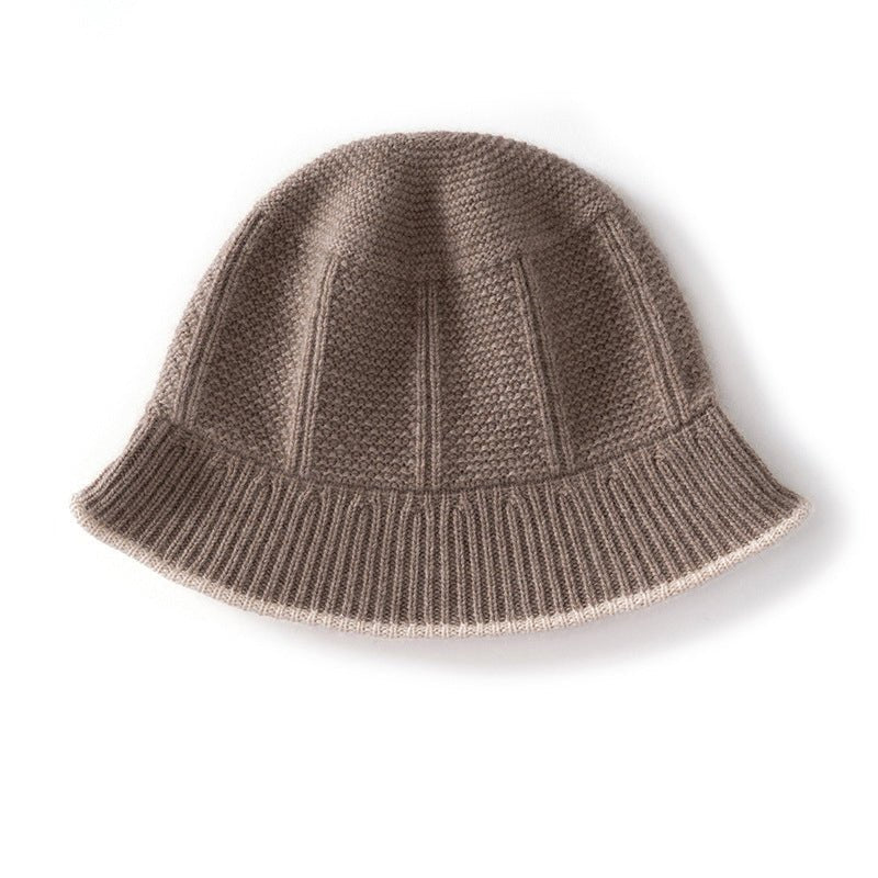 Pure Cashmere Bucket Hat Textured Cashmere Bucket Cap Rib Brim Taupe M