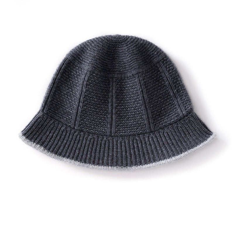 Pure Cashmere Bucket Hat Textured Cashmere Bucket Cap Rib Brim Grey M