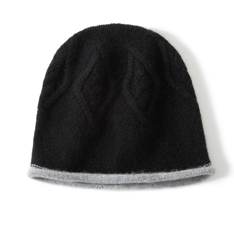 Pure Cashmere Bucket Hat With Curl Edge Cable Knit Beanie Black M