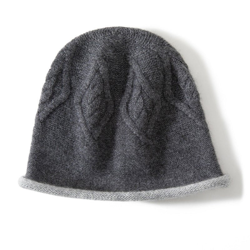 Pure Cashmere Bucket Hat With Curl Edge Cable Knit Beanie Gray M