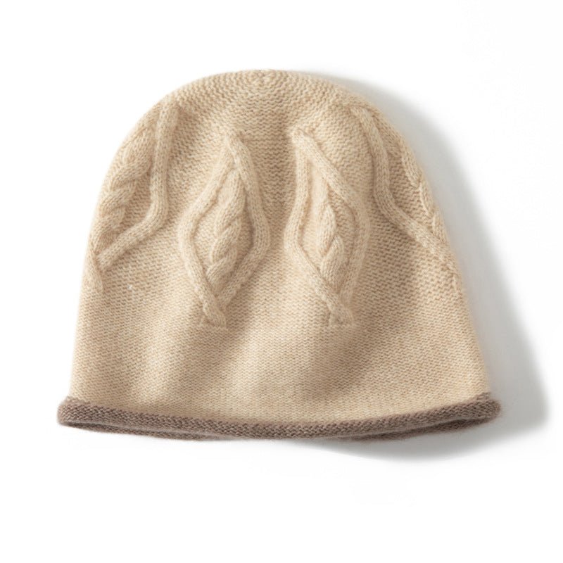 Pure Cashmere Bucket Hat With Curl Edge Cable Knit Beanie Beige M