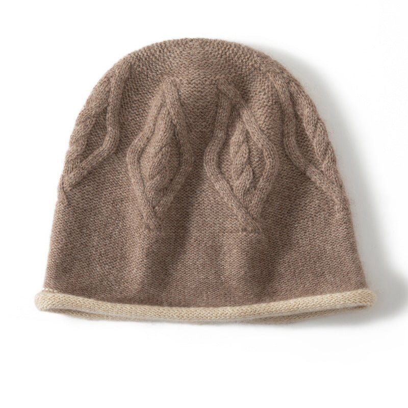 Pure Cashmere Bucket Hat With Curl Edge Cable Knit Beanie Taupe M