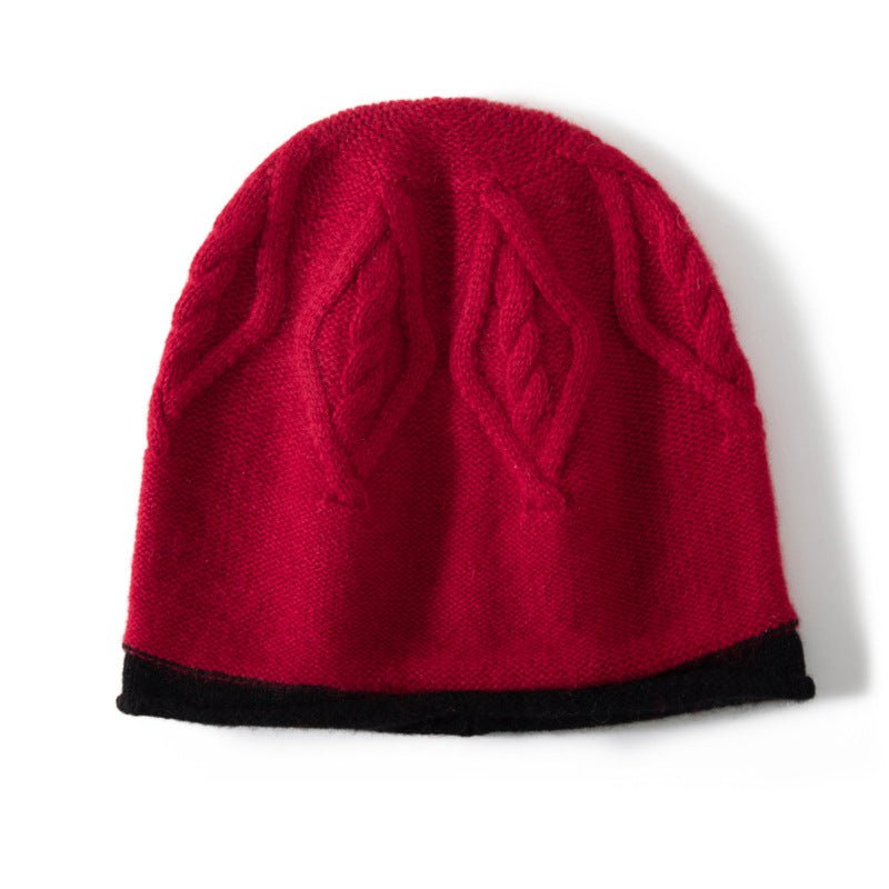 Pure Cashmere Bucket Hat With Curl Edge Cable Knit Beanie Red M