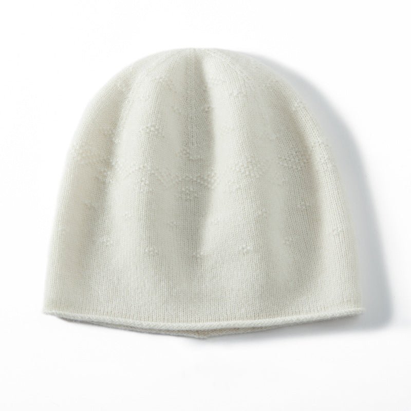Pure Cashmere Crochet Beanie With Subtle Textured Pattern Rolled Edge Ivory M
