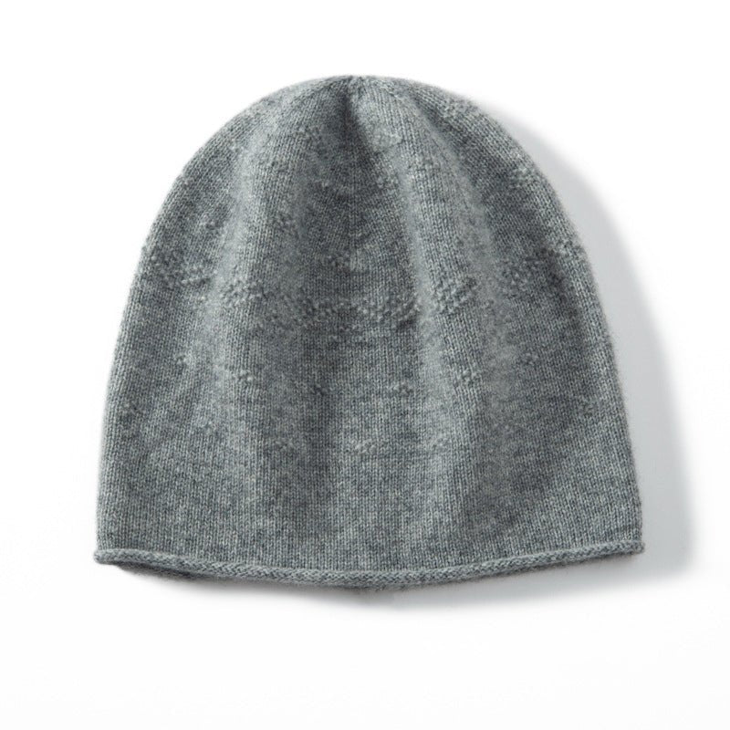 Pure Cashmere Crochet Beanie With Subtle Textured Pattern Rolled Edge Gray M