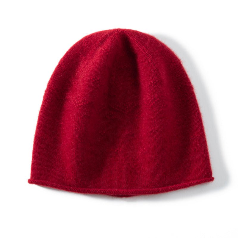 Pure Cashmere Crochet Beanie With Subtle Textured Pattern Rolled Edge Claret M
