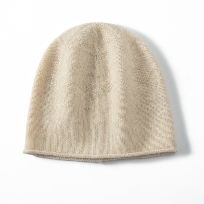 Pure Cashmere Crochet Beanie With Subtle Textured Pattern Rolled Edge Beige M