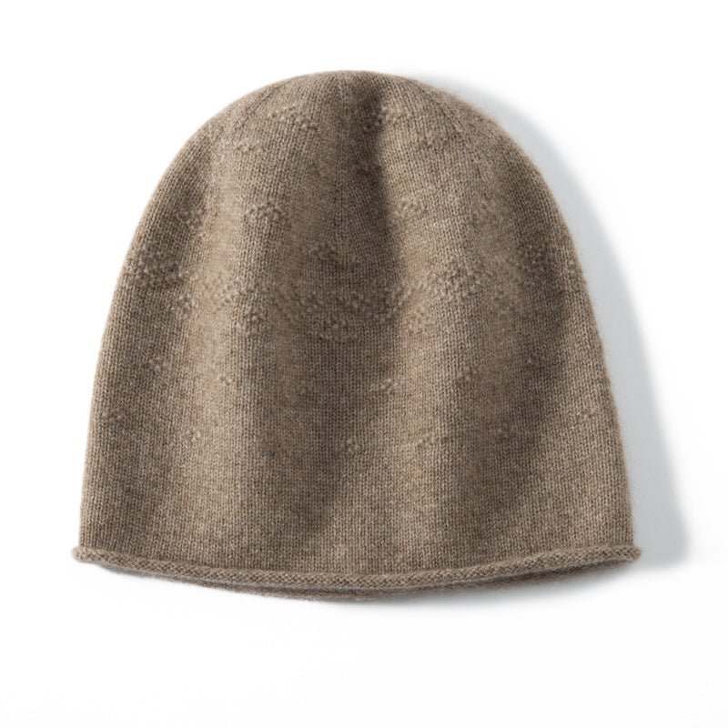 Pure Cashmere Crochet Beanie With Subtle Textured Pattern Rolled Edge Taupe M