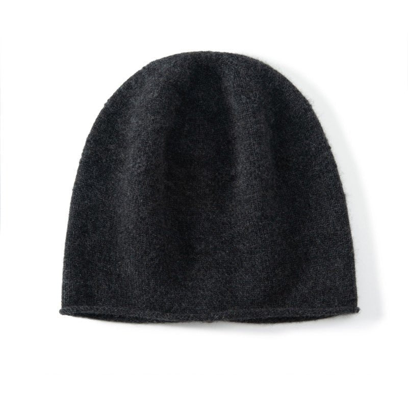Pure Cashmere Crochet Beanie With Subtle Textured Pattern Rolled Edge Dark Gray M