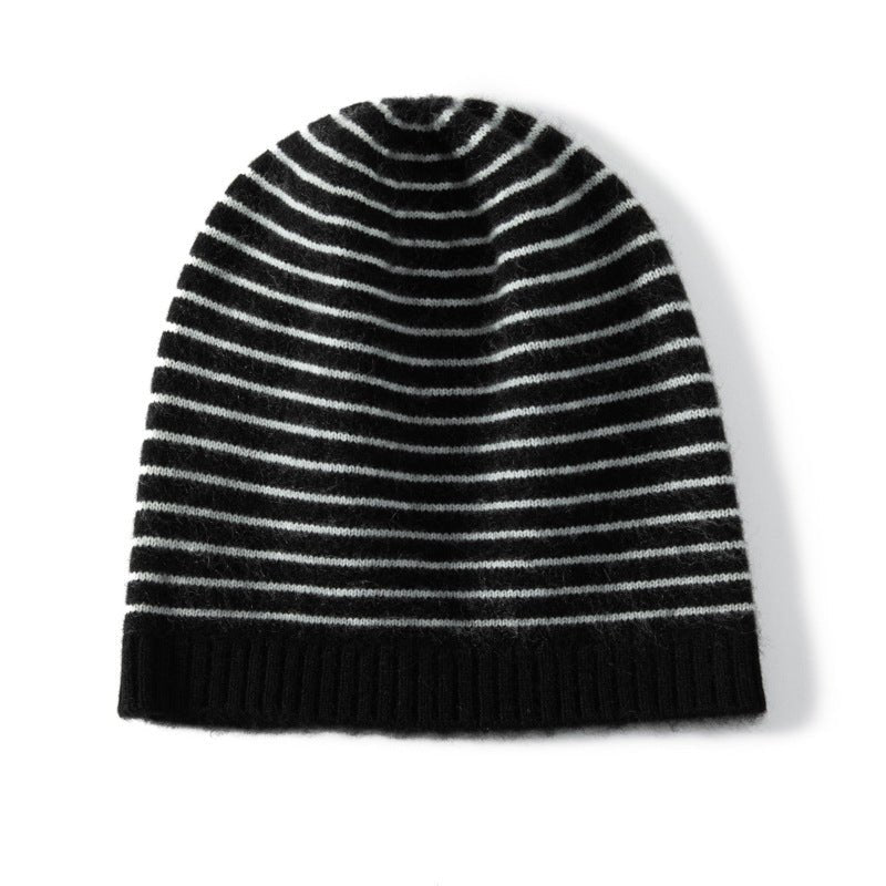 Pure Cashmere Cap With Ribbing Edge Striped Cashmere Beanie Hat Black M
