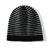 Pure Cashmere Cap With Ribbing Edge Striped Cashmere Beanie Hat Black M