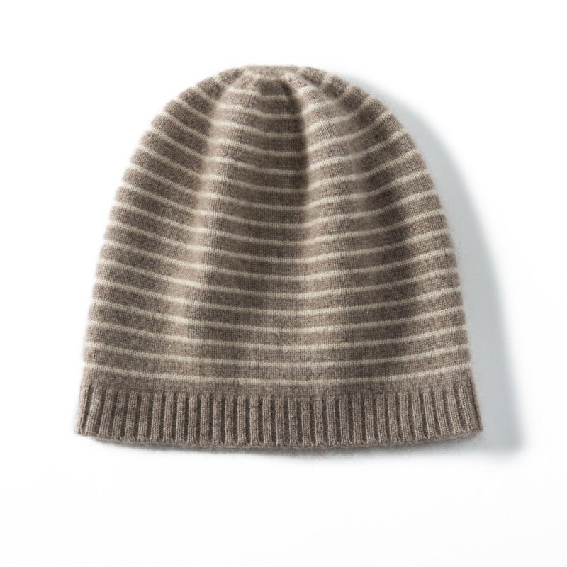 Pure Cashmere Cap With Ribbing Edge Striped Cashmere Beanie Hat Taupe M