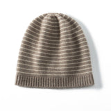Pure Cashmere Cap With Ribbing Edge Striped Cashmere Beanie Hat Taupe M