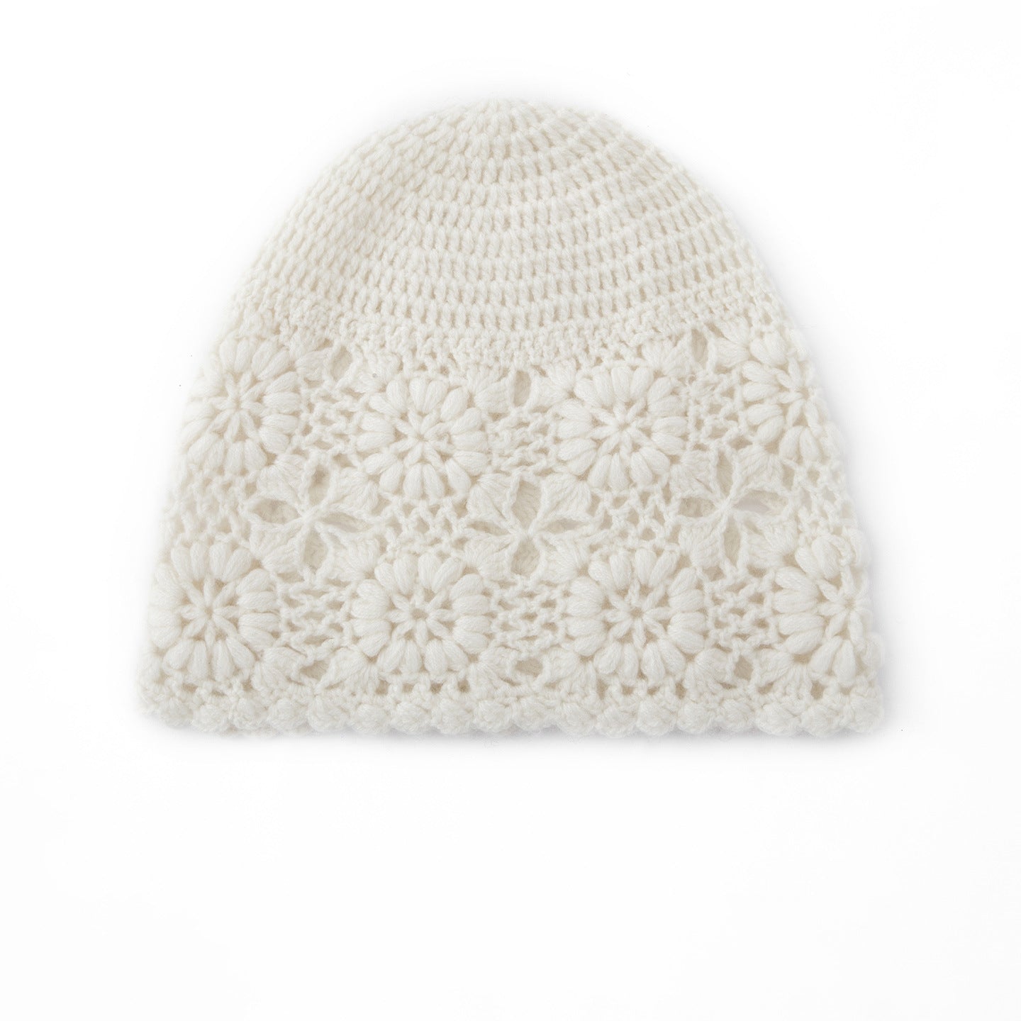 Pure Cashmere Crochet Knit Beanie Cashmere Crochet Floral Hat for Women Ivory M