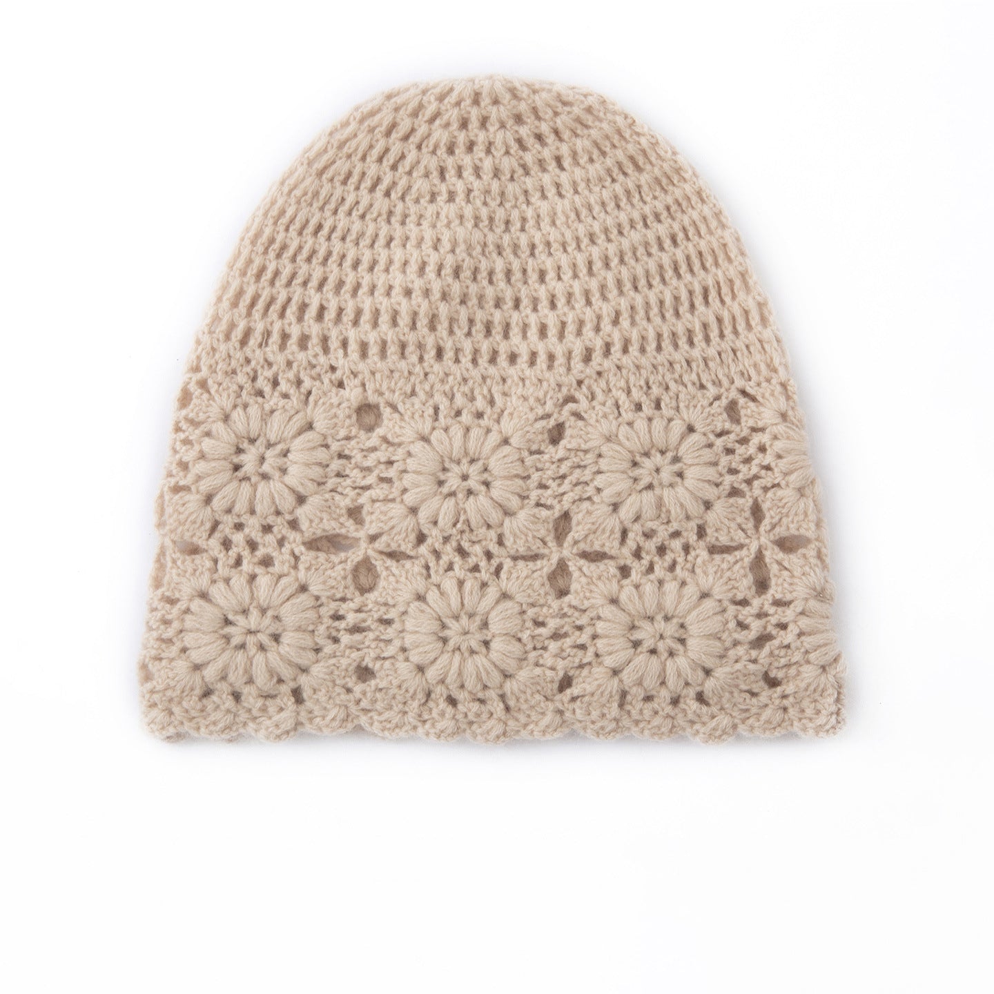 Pure Cashmere Crochet Knit Beanie Cashmere Crochet Floral Hat for Women Beige M