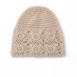 Pure Cashmere Crochet Knit Beanie Cashmere Crochet Floral Hat for Women Beige M