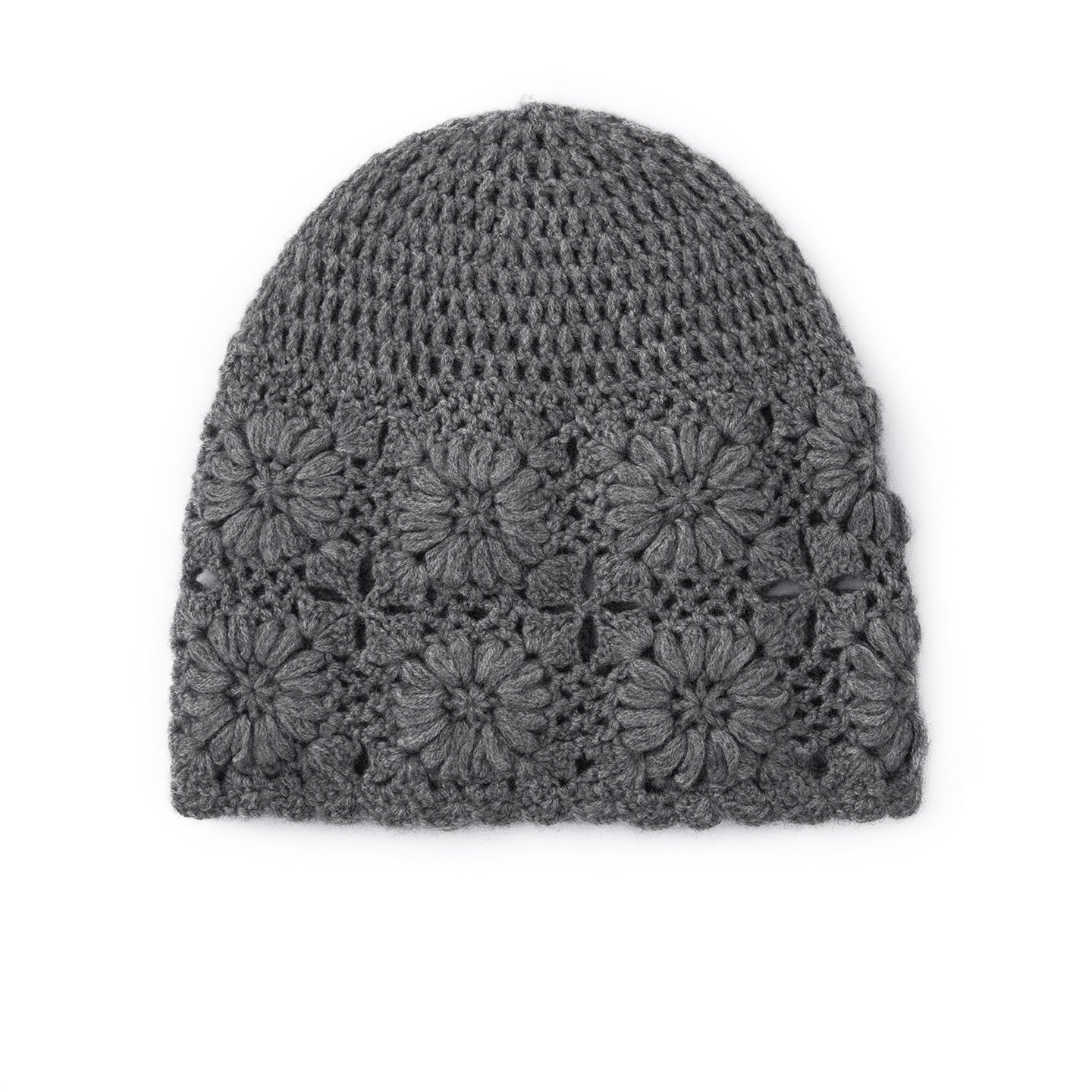 Pure Cashmere Crochet Knit Beanie Cashmere Crochet Floral Hat for Women Grey M
