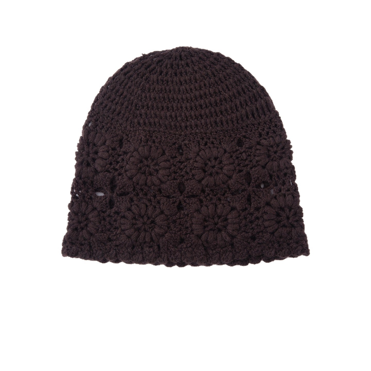 Pure Cashmere Crochet Knit Beanie Cashmere Crochet Floral Hat for Women Brown M