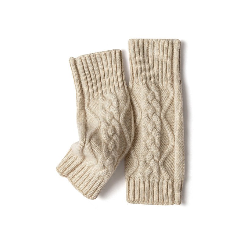 Womens Fingerless Gloves Cable Knit Arm Warmers Half Finger Gloves Beige M