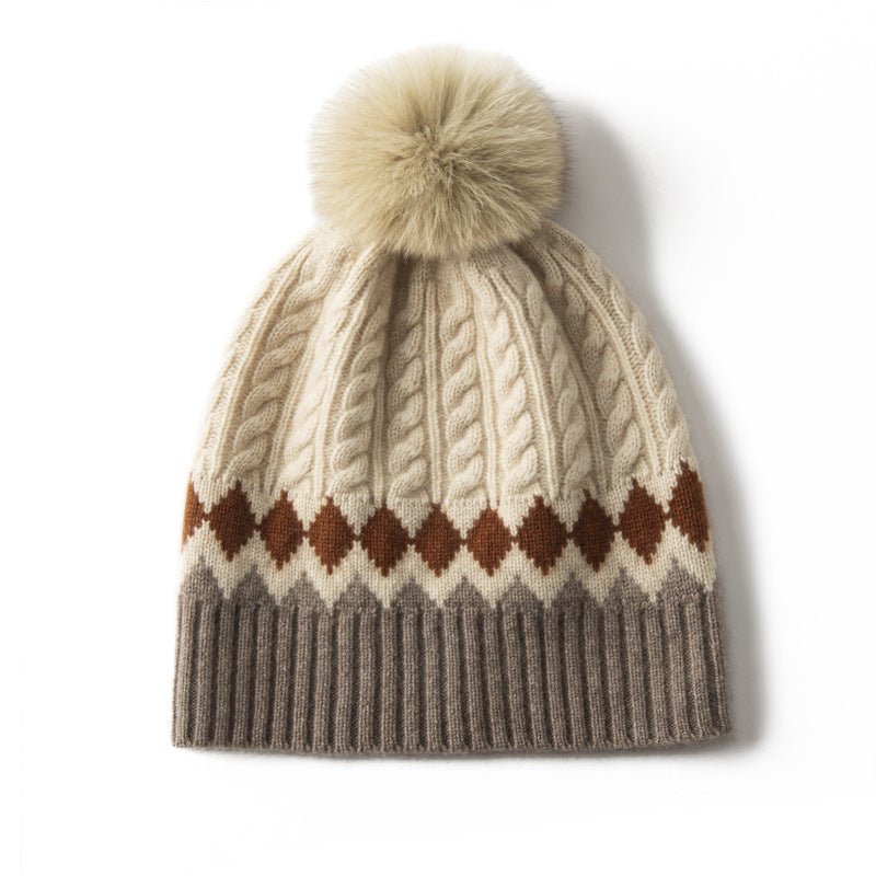 Cozy Cashmere Cable Knit Pom - pom Beanie Hat With Geometric Pattern Beige M