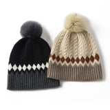 Cozy Cashmere Cable Knit Pom - pom Beanie Hat With Geometric Pattern Beige M
