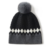 Cozy Cashmere Cable Knit Pom - pom Beanie Hat With Geometric Pattern Black M