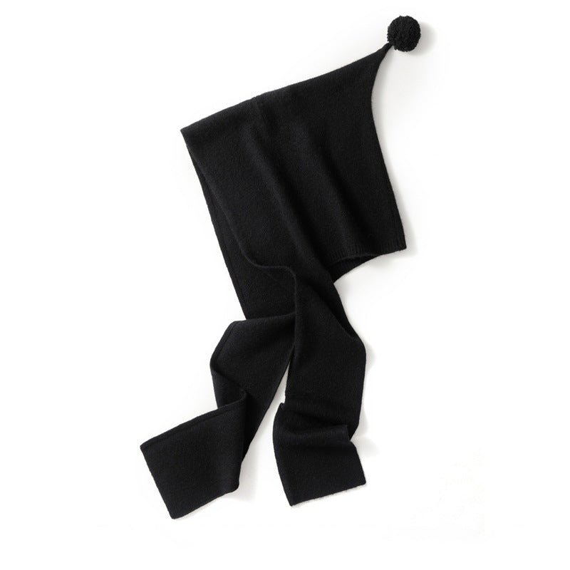 Pure Cashmere Hooded Scarf with Pom Soft Cashmere Hooded Wrap Scarf Black M