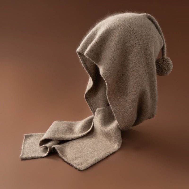Pure Cashmere Hooded Scarf with Pom Soft Cashmere Hooded Wrap Scarf Taupe M